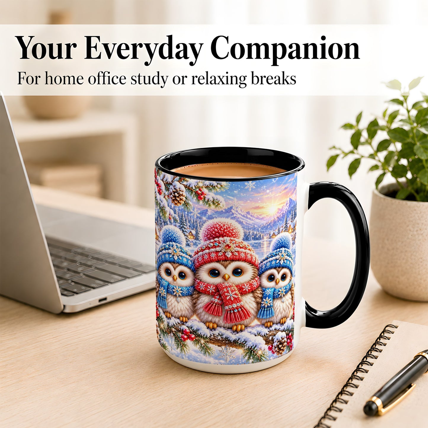 #pl[15oz|Black] Winter Owl Trio Coffee Mug, Snowy Mountain Bird Mug, Ceramic Cup