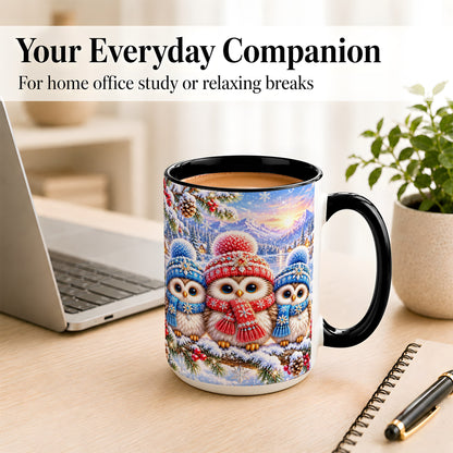 #pl[15oz|Black] Winter Owl Trio Coffee Mug, Snowy Mountain Bird Mug, Ceramic Cup