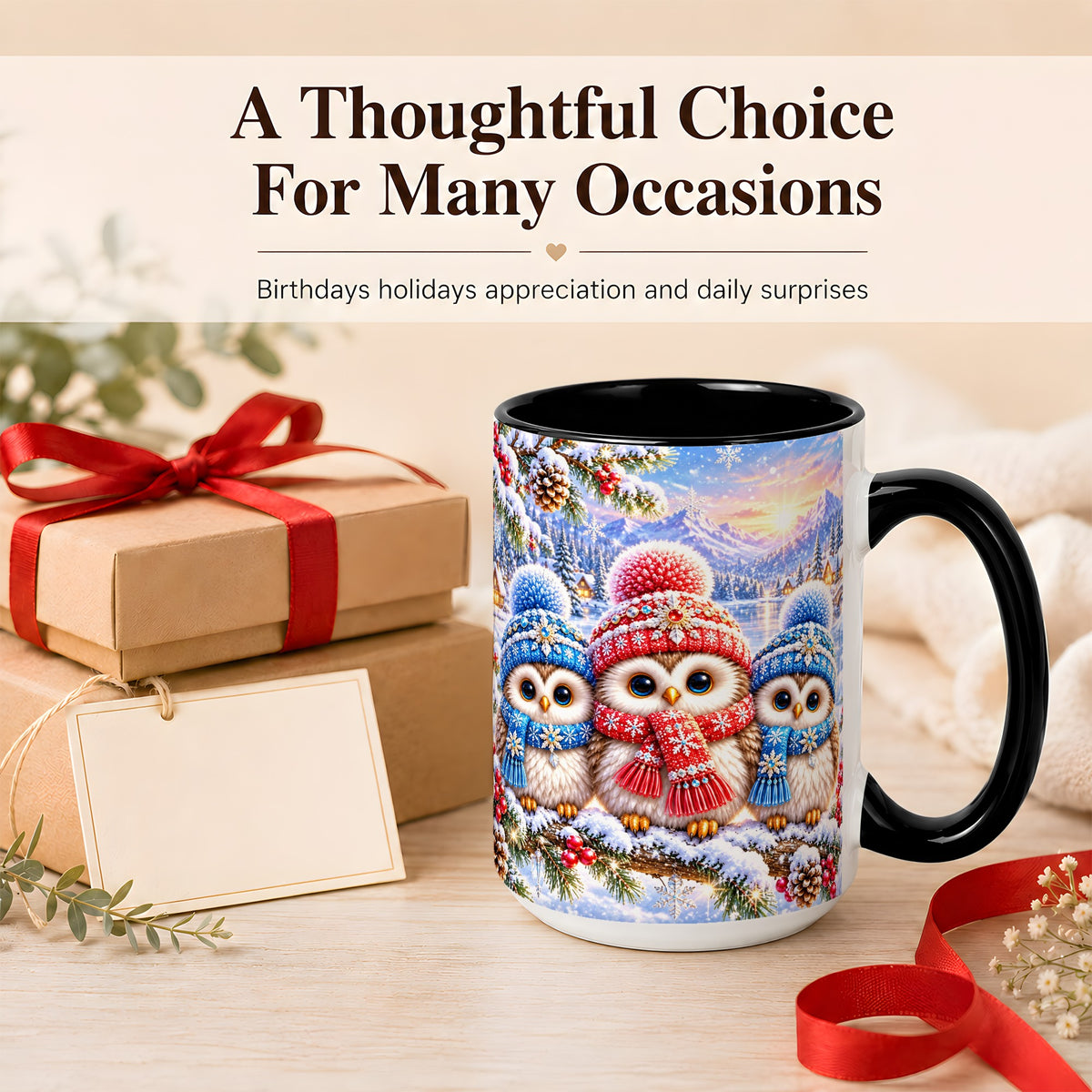 #pl[15oz|Black] Winter Owl Trio Coffee Mug, Snowy Mountain Bird Mug, Ceramic Cup