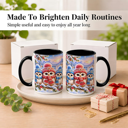 #pl[15oz|Black] Winter Owl Trio Coffee Mug, Snowy Mountain Bird Mug, Ceramic Cup