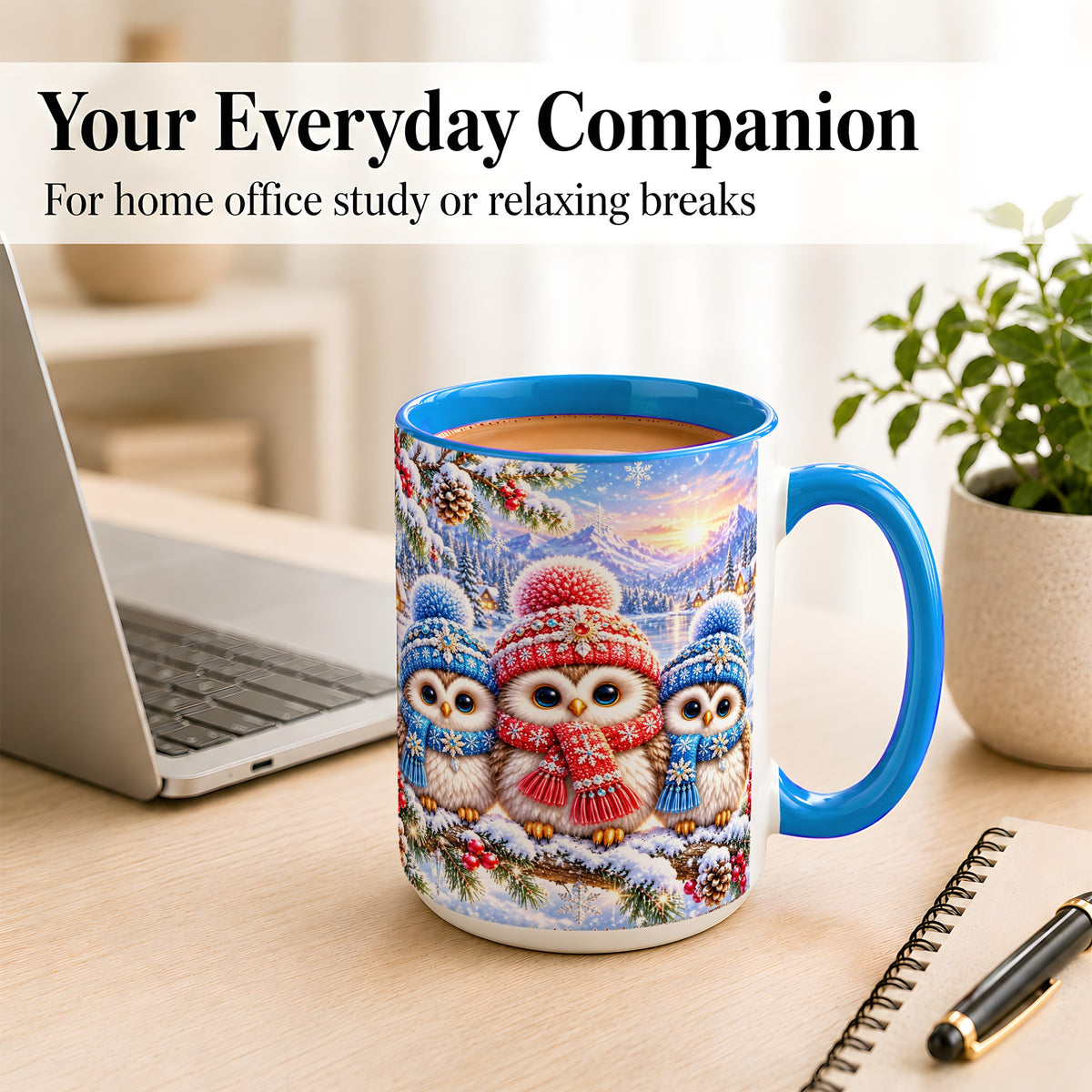 #pl[15oz|Blue] Winter Owl Trio Coffee Mug, Snowy Mountain Bird Mug, Ceramic Cup