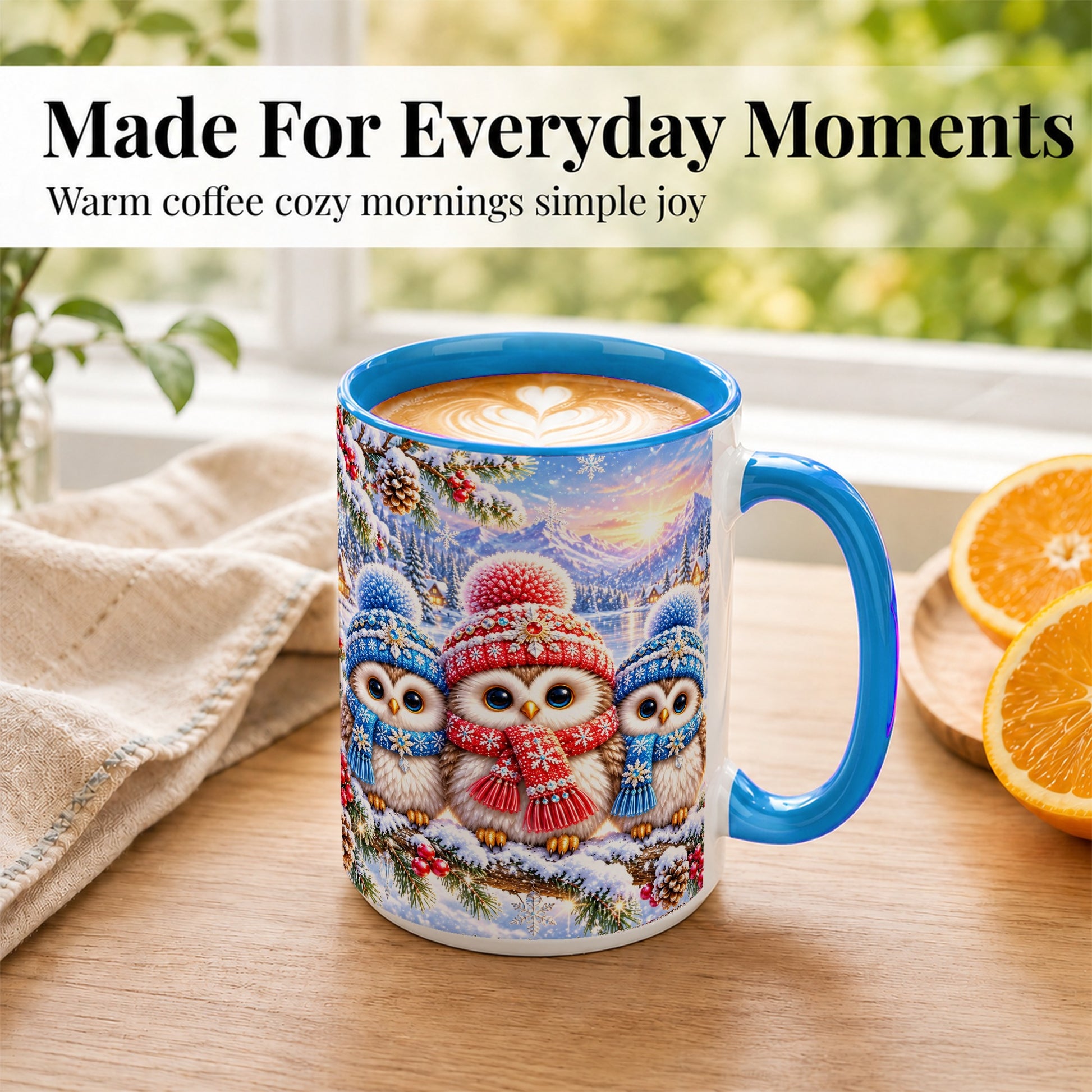 #pl[15oz|Blue] Winter Owl Trio Coffee Mug, Snowy Mountain Bird Mug, Ceramic Cup