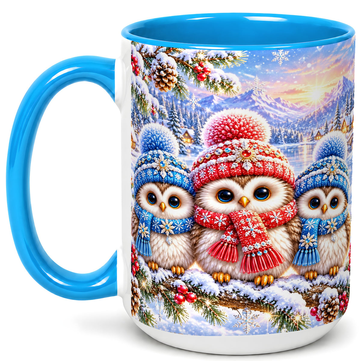 #pl[15oz|Blue] Winter Owl Trio Coffee Mug, Snowy Mountain Bird Mug, Ceramic Cup