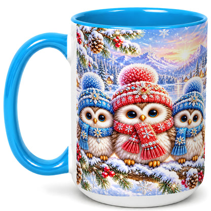 #pl[15oz|Blue] Winter Owl Trio Coffee Mug, Snowy Mountain Bird Mug, Ceramic Cup