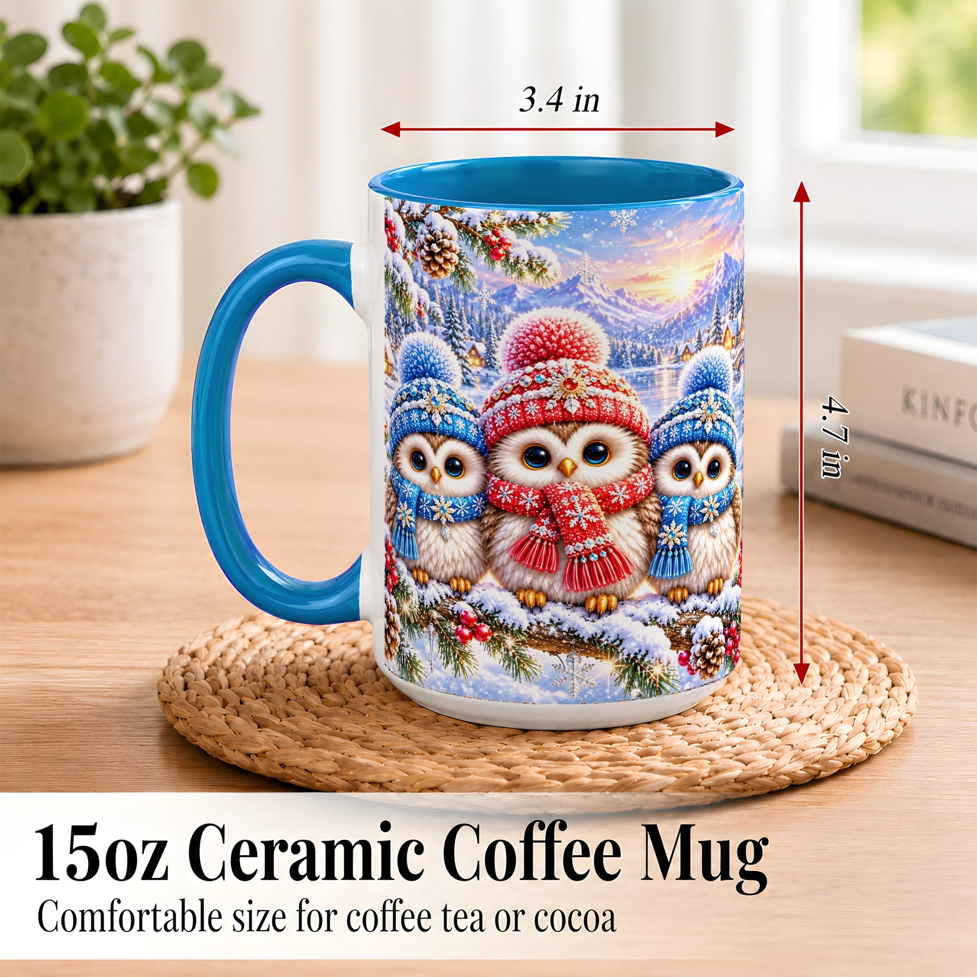 #pl[15oz|Blue] Winter Owl Trio Coffee Mug, Snowy Mountain Bird Mug, Ceramic Cup