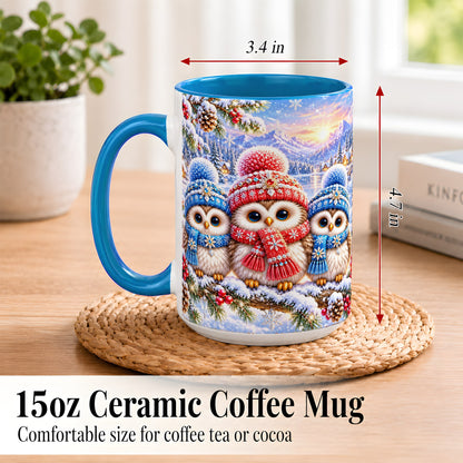 #pl[15oz|Blue] Winter Owl Trio Coffee Mug, Snowy Mountain Bird Mug, Ceramic Cup