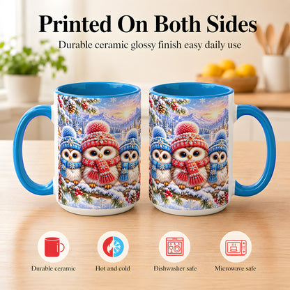 #pl[15oz|Blue] Winter Owl Trio Coffee Mug, Snowy Mountain Bird Mug, Ceramic Cup