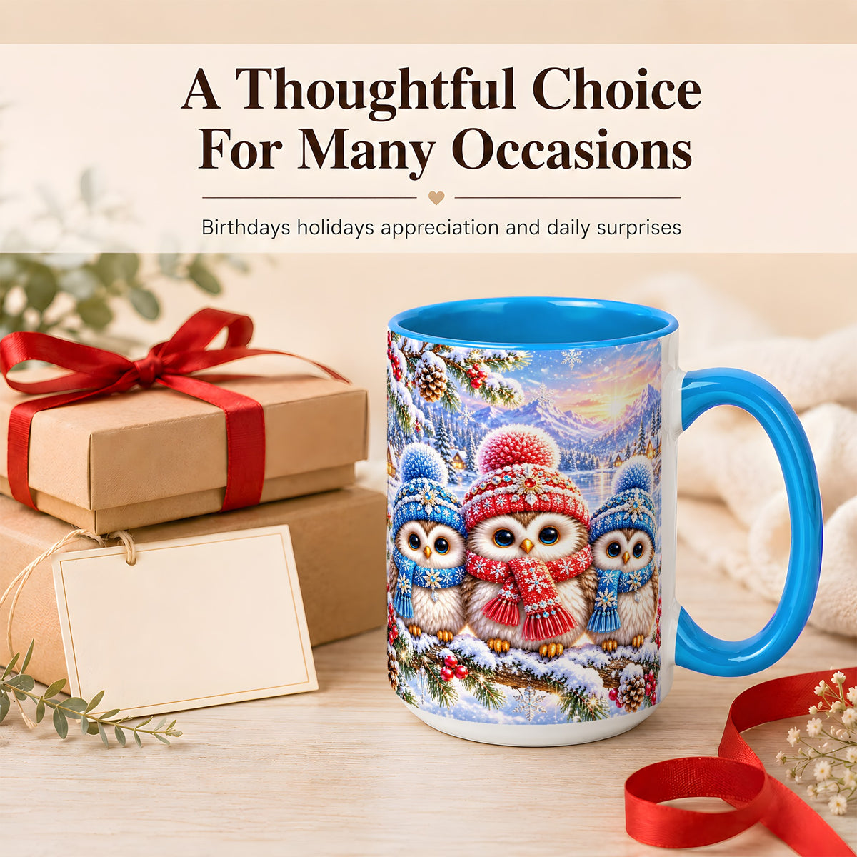 #pl[15oz|Blue] Winter Owl Trio Coffee Mug, Snowy Mountain Bird Mug, Ceramic Cup