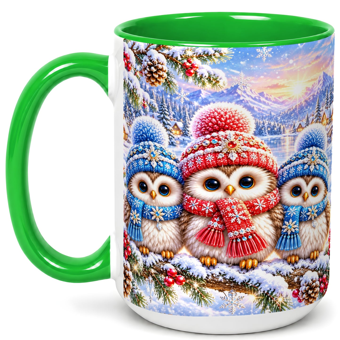 #pl[15oz|Green] Winter Owl Trio Coffee Mug, Snowy Mountain Bird Mug, Ceramic Cup