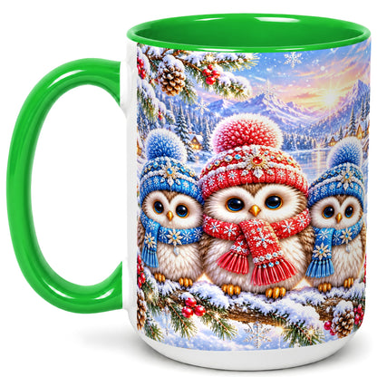 #pl[15oz|Green] Winter Owl Trio Coffee Mug, Snowy Mountain Bird Mug, Ceramic Cup