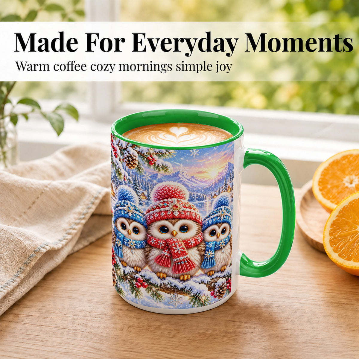 #pl[15oz|Green] Winter Owl Trio Coffee Mug, Snowy Mountain Bird Mug, Ceramic Cup