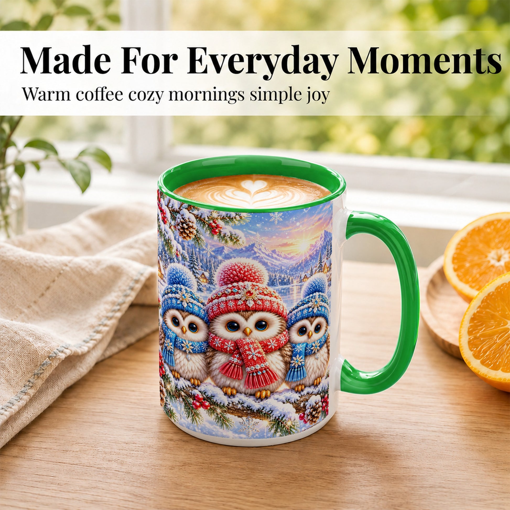 #pl[15oz|Green] Winter Owl Trio Coffee Mug, Snowy Mountain Bird Mug, Ceramic Cup