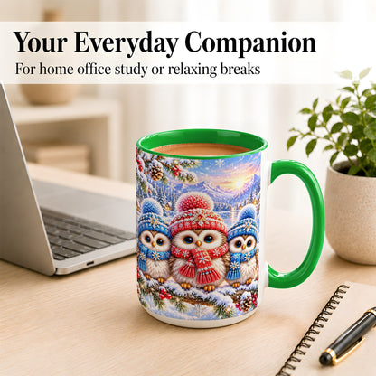 #pl[15oz|Green] Winter Owl Trio Coffee Mug, Snowy Mountain Bird Mug, Ceramic Cup