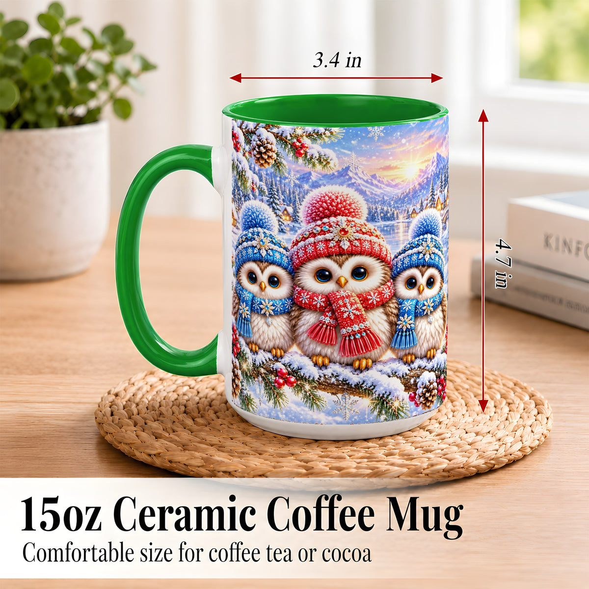 #pl[15oz|Green] Winter Owl Trio Coffee Mug, Snowy Mountain Bird Mug, Ceramic Cup
