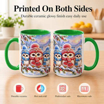 #pl[15oz|Green] Winter Owl Trio Coffee Mug, Snowy Mountain Bird Mug, Ceramic Cup