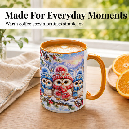 #pl[15oz|Orange] Winter Owl Trio Coffee Mug, Snowy Mountain Bird Mug, Ceramic Cup