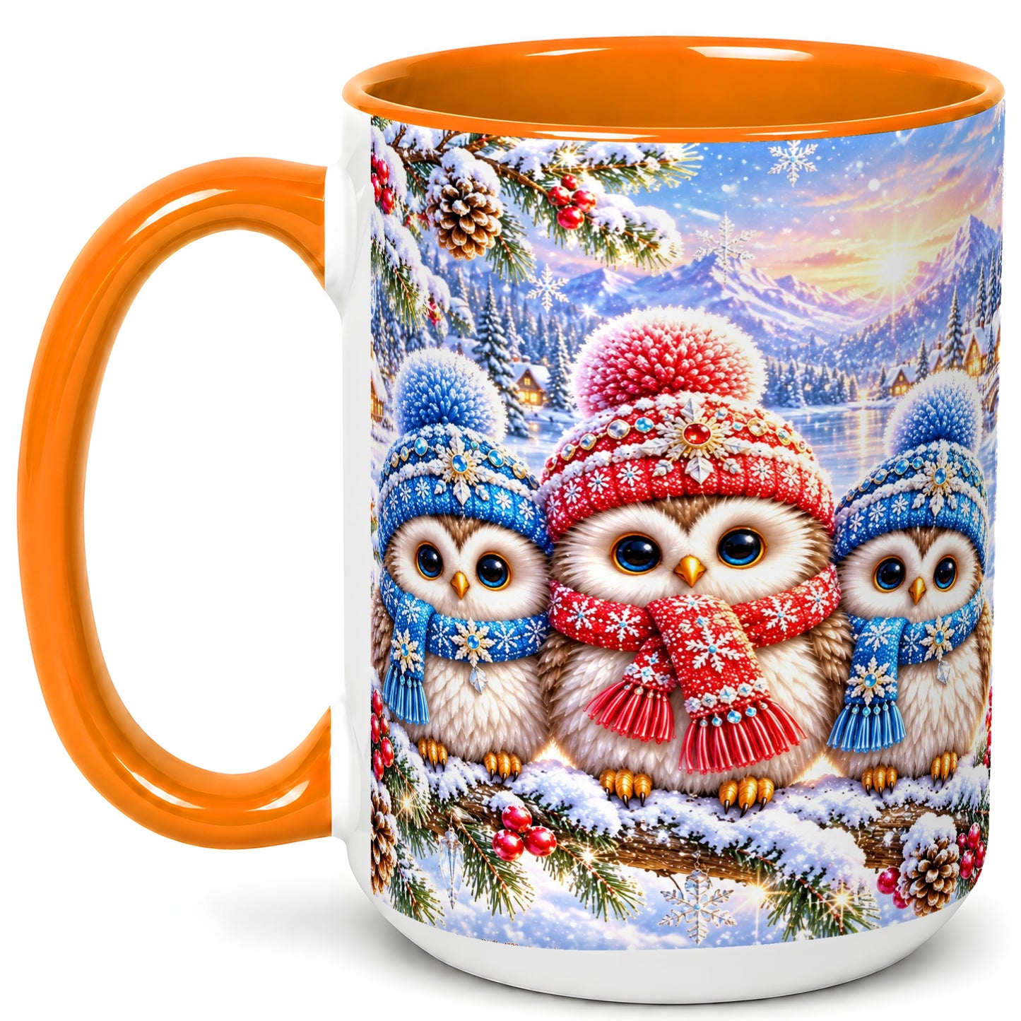 #pl[15oz|Orange] Winter Owl Trio Coffee Mug, Snowy Mountain Bird Mug, Ceramic Cup