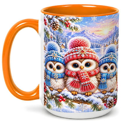 #pl[15oz|Orange] Winter Owl Trio Coffee Mug, Snowy Mountain Bird Mug, Ceramic Cup