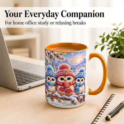 #pl[15oz|Orange] Winter Owl Trio Coffee Mug, Snowy Mountain Bird Mug, Ceramic Cup