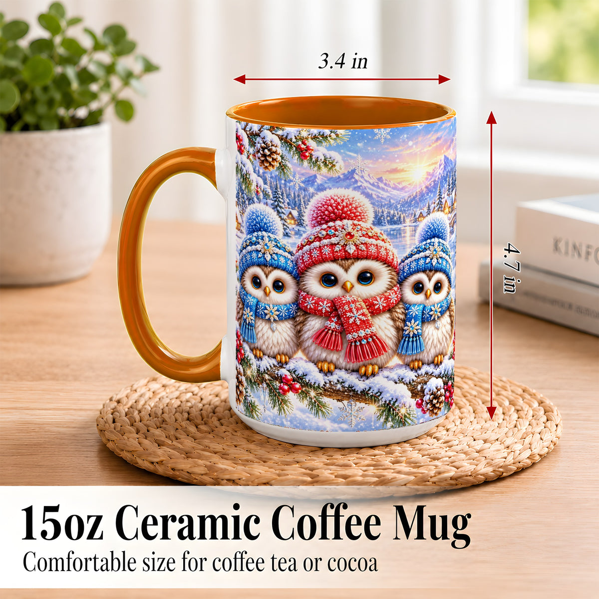 #pl[15oz|Orange] Winter Owl Trio Coffee Mug, Snowy Mountain Bird Mug, Ceramic Cup