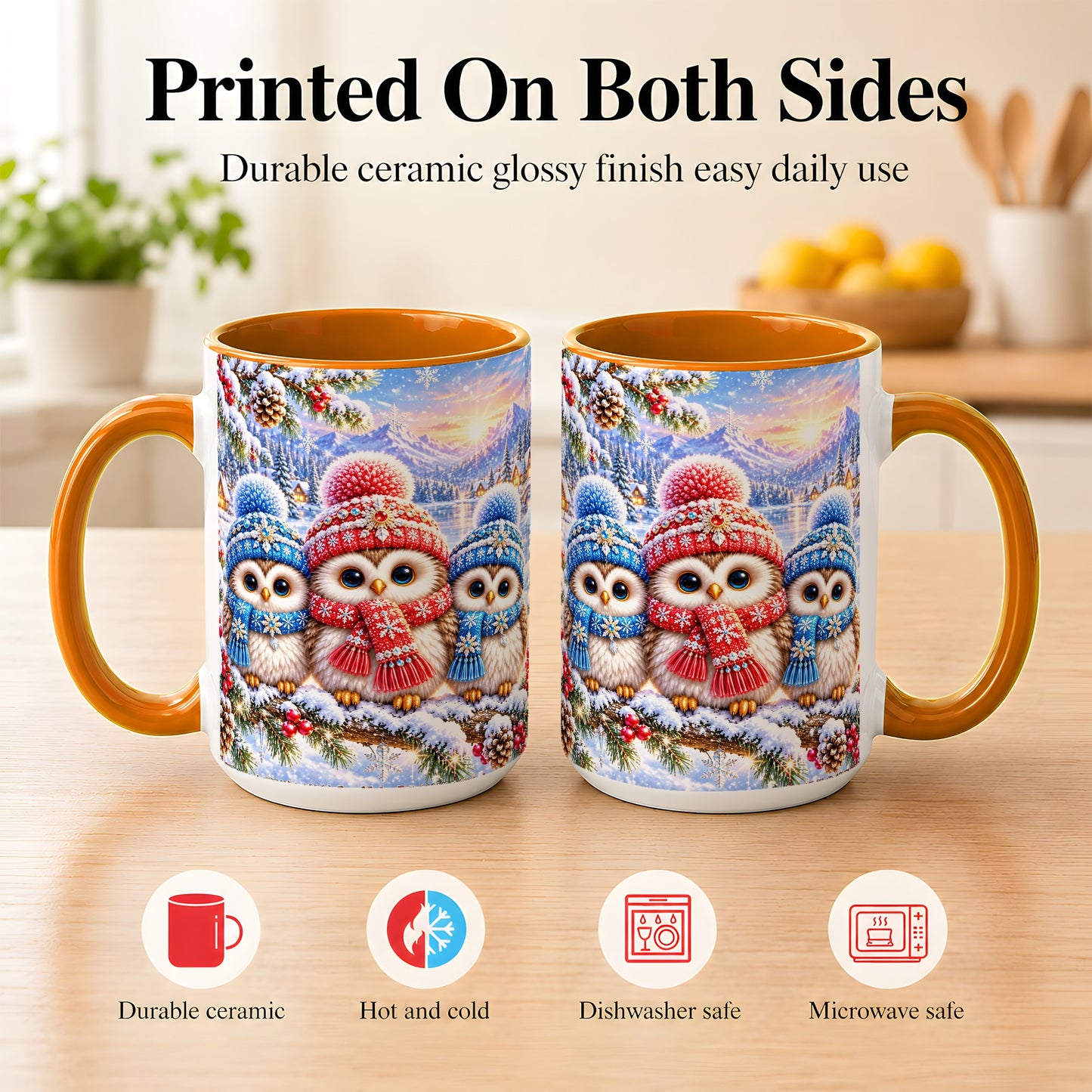 #pl[15oz|Orange] Winter Owl Trio Coffee Mug, Snowy Mountain Bird Mug, Ceramic Cup