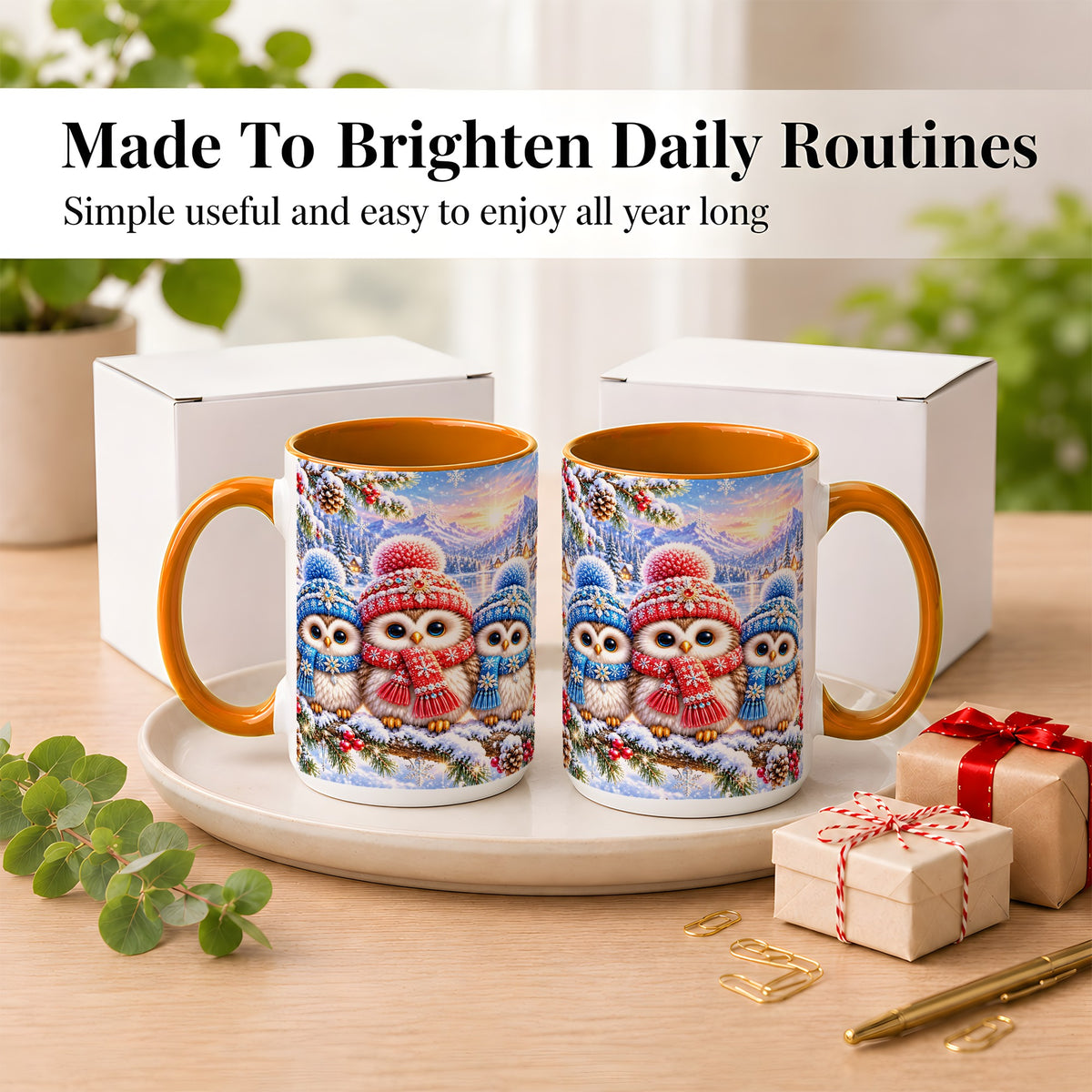 #pl[15oz|Orange] Winter Owl Trio Coffee Mug, Snowy Mountain Bird Mug, Ceramic Cup
