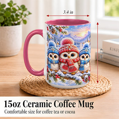 #pl[15oz|Pink] Winter Owl Trio Coffee Mug, Snowy Mountain Bird Mug, Ceramic Cup