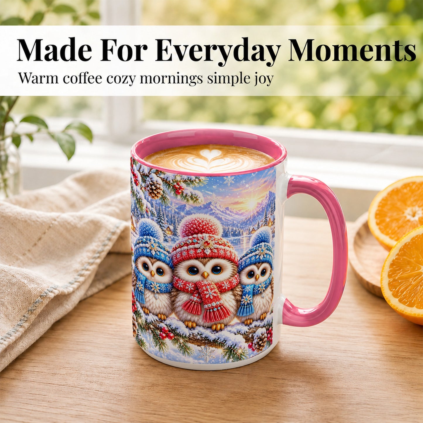 #pl[15oz|Pink] Winter Owl Trio Coffee Mug, Snowy Mountain Bird Mug, Ceramic Cup