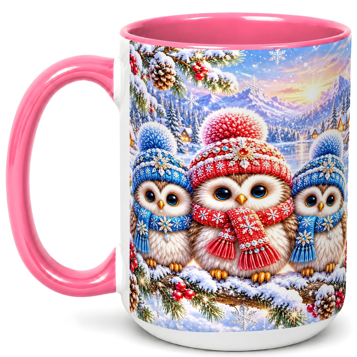 #pl[15oz|Pink] Winter Owl Trio Coffee Mug, Snowy Mountain Bird Mug, Ceramic Cup