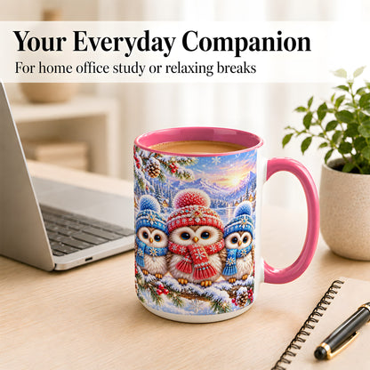 #pl[15oz|Pink] Winter Owl Trio Coffee Mug, Snowy Mountain Bird Mug, Ceramic Cup