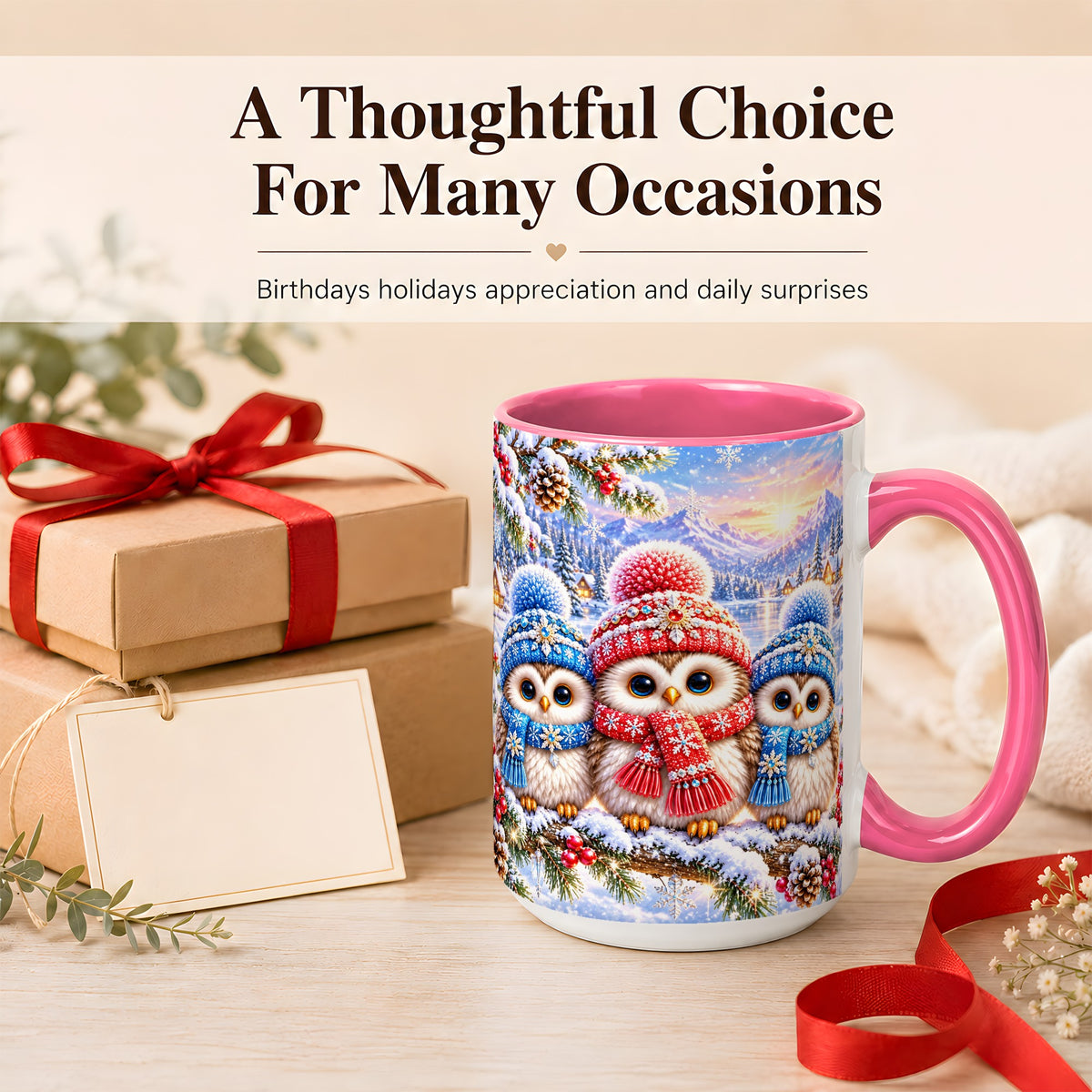 #pl[15oz|Pink] Winter Owl Trio Coffee Mug, Snowy Mountain Bird Mug, Ceramic Cup