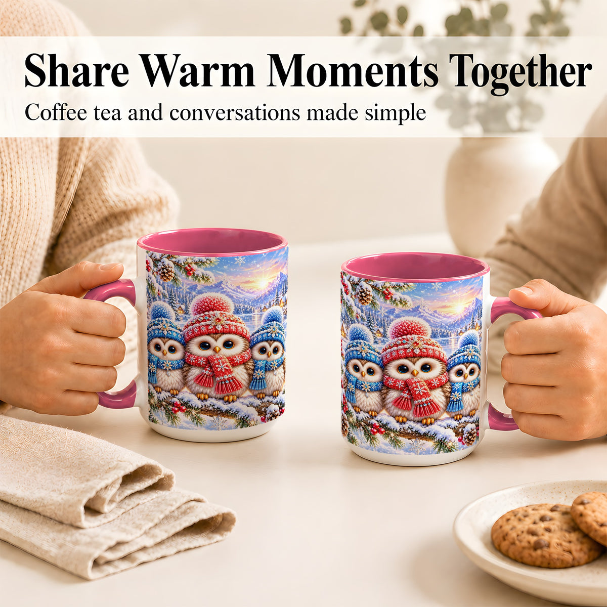 #pl[15oz|Pink] Winter Owl Trio Coffee Mug, Snowy Mountain Bird Mug, Ceramic Cup