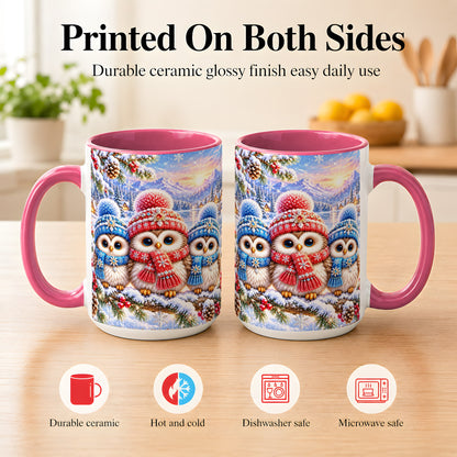 #pl[15oz|Pink] Winter Owl Trio Coffee Mug, Snowy Mountain Bird Mug, Ceramic Cup
