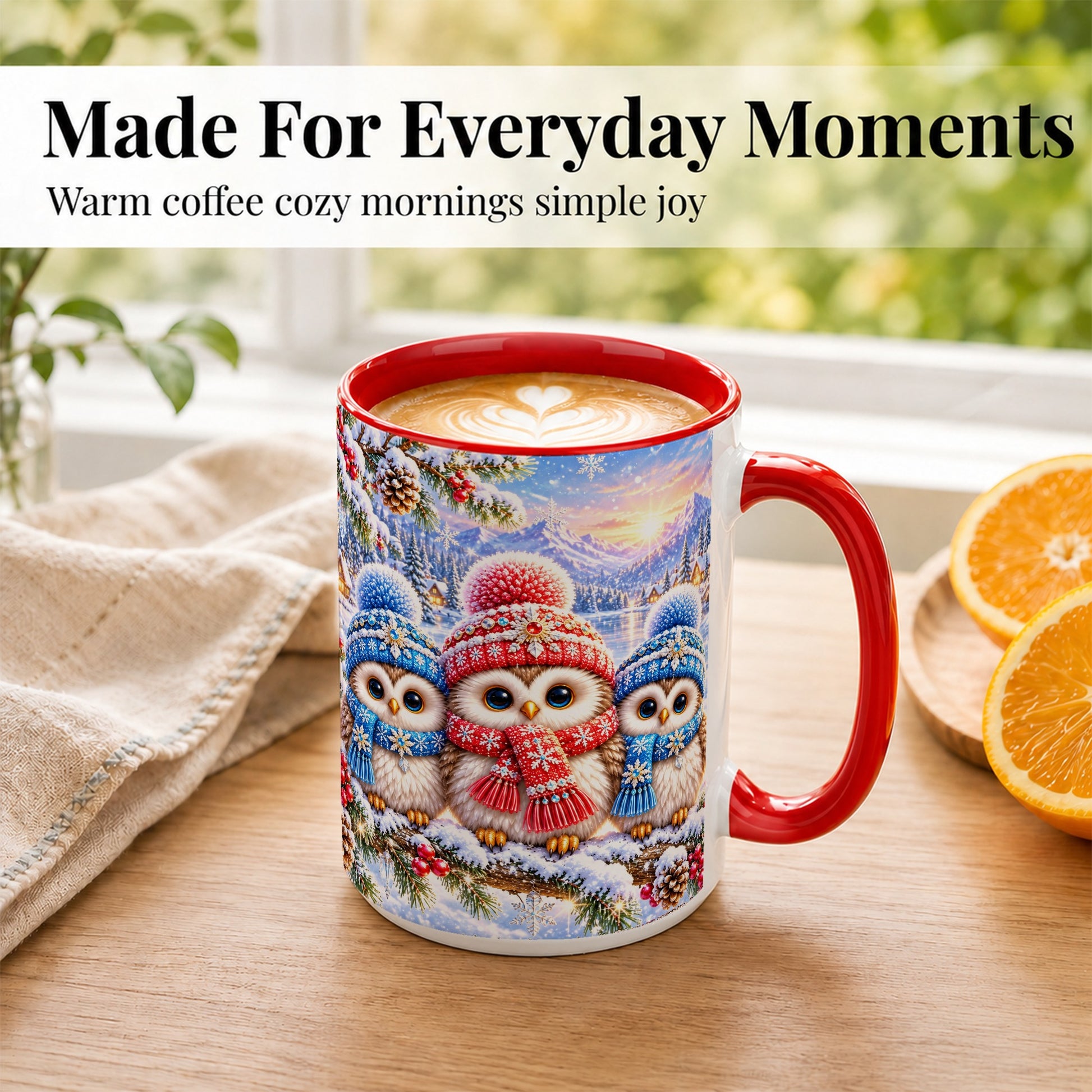 #pl[15oz|Red] Winter Owl Trio Coffee Mug, Snowy Mountain Bird Mug, Ceramic Cup