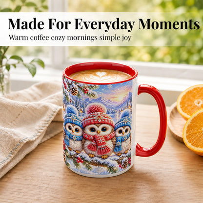 #pl[15oz|Red] Winter Owl Trio Coffee Mug, Snowy Mountain Bird Mug, Ceramic Cup