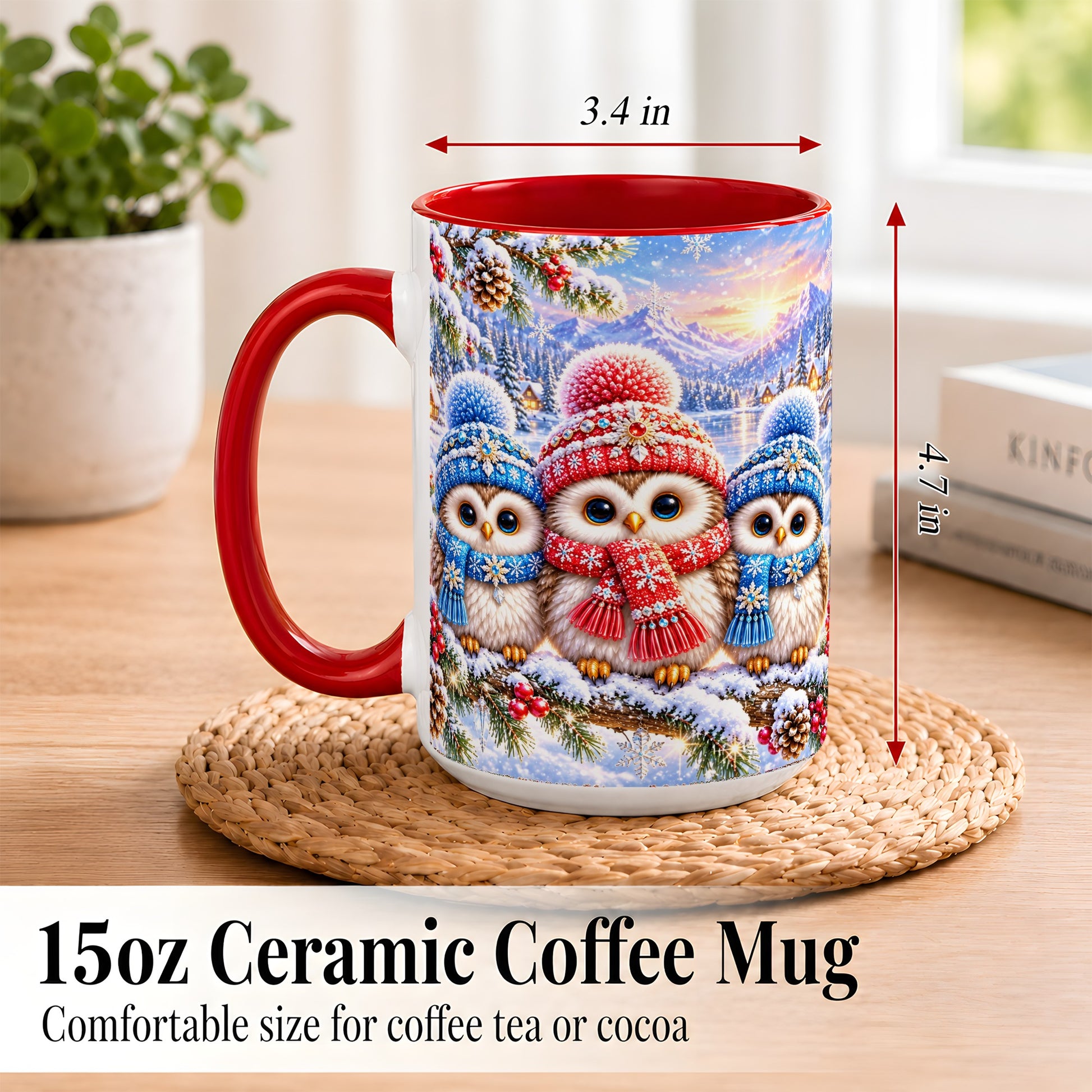 #pl[15oz|Red] Winter Owl Trio Coffee Mug, Snowy Mountain Bird Mug, Ceramic Cup