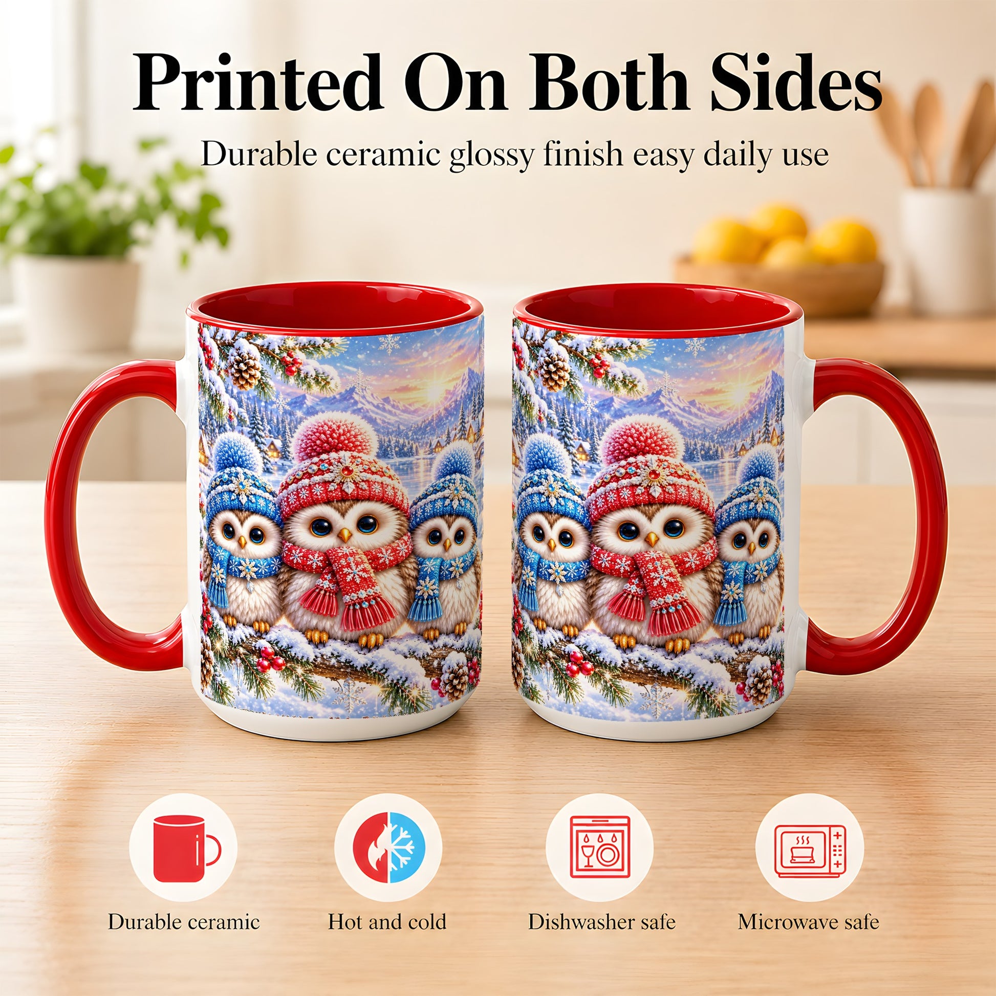 #pl[15oz|Red] Winter Owl Trio Coffee Mug, Snowy Mountain Bird Mug, Ceramic Cup