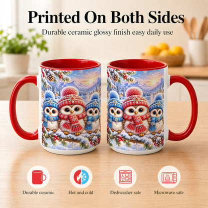 #pl[15oz|Red] Winter Owl Trio Coffee Mug, Snowy Mountain Bird Mug, Ceramic Cup