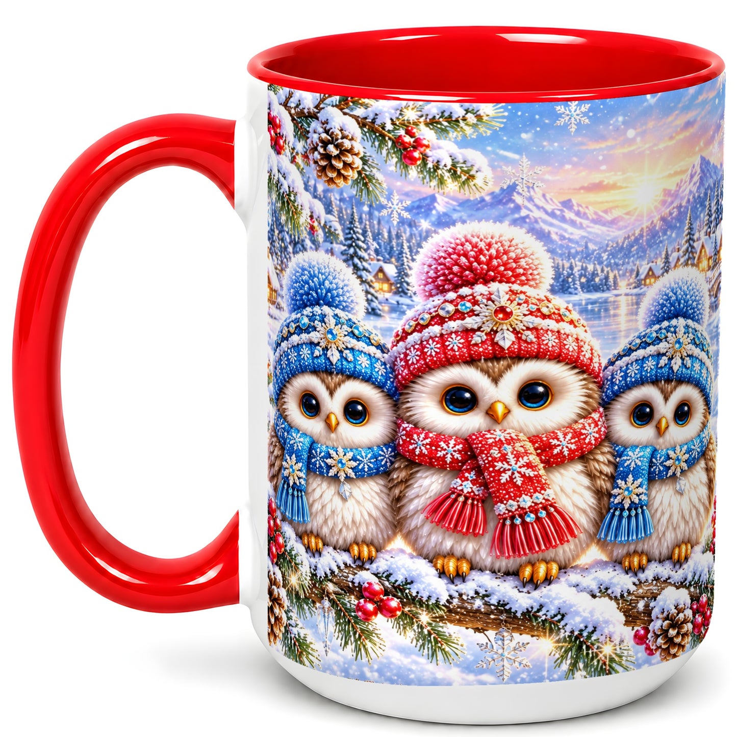 #pl[15oz|Red] Winter Owl Trio Coffee Mug, Snowy Mountain Bird Mug, Ceramic Cup