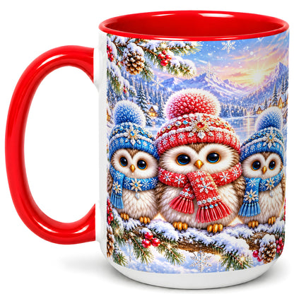 #pl[15oz|Red] Winter Owl Trio Coffee Mug, Snowy Mountain Bird Mug, Ceramic Cup