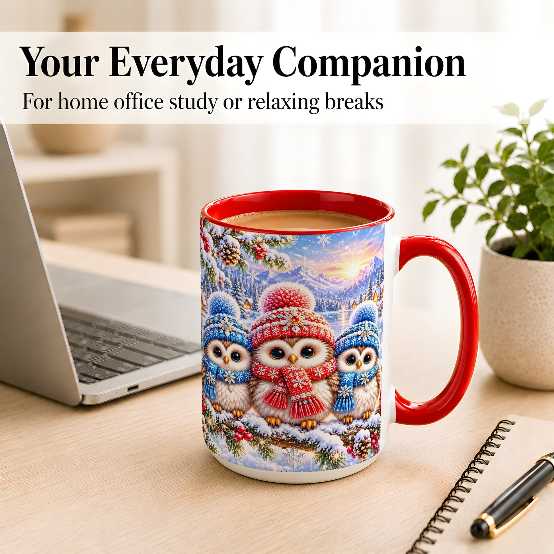 #pl[15oz|Red] Winter Owl Trio Coffee Mug, Snowy Mountain Bird Mug, Ceramic Cup