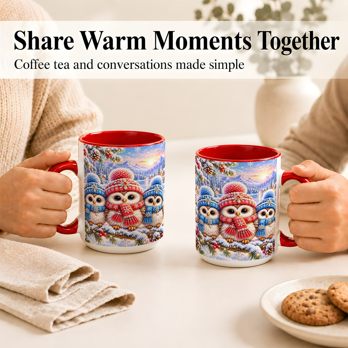 #pl[15oz|Red] Winter Owl Trio Coffee Mug, Snowy Mountain Bird Mug, Ceramic Cup