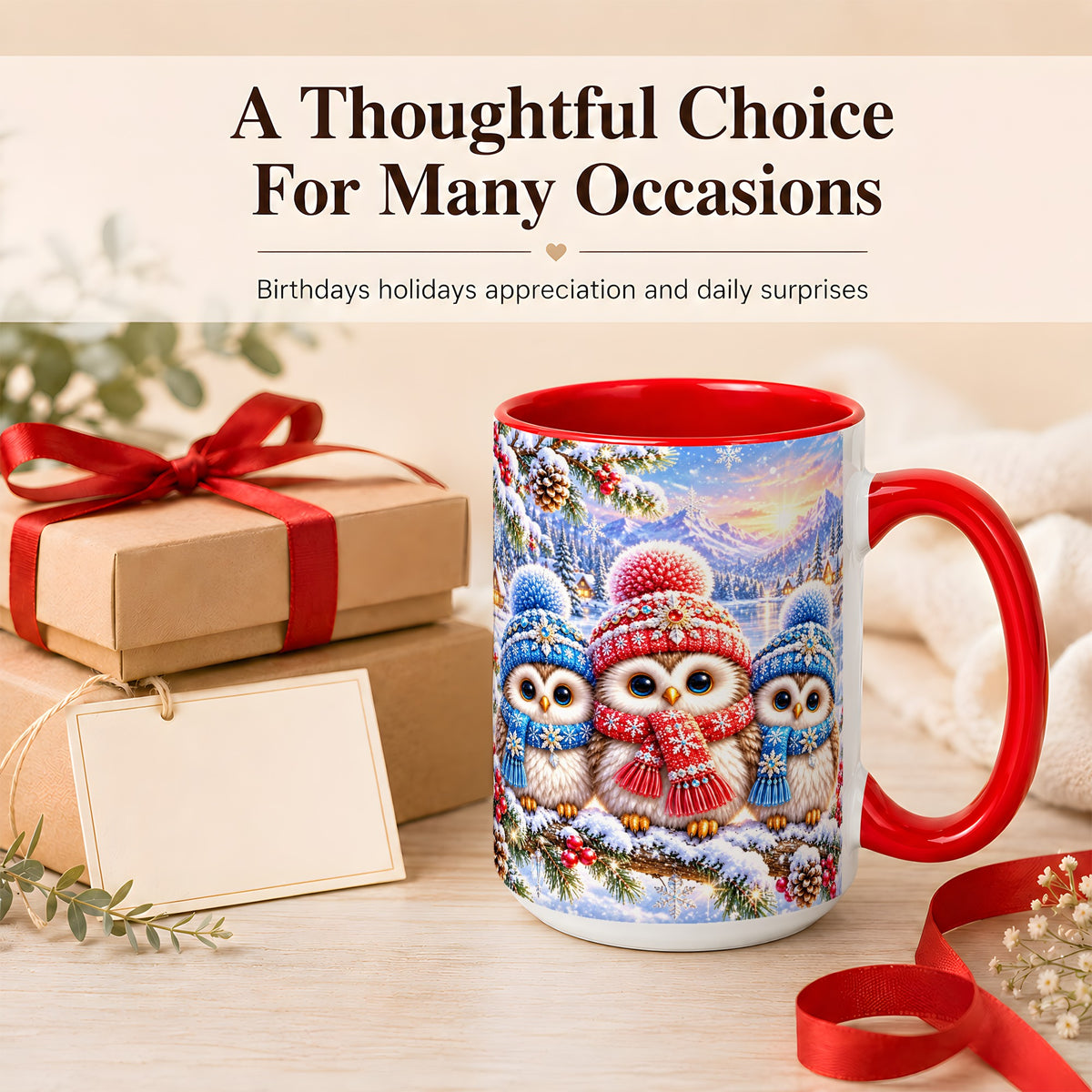 #pl[15oz|Red] Winter Owl Trio Coffee Mug, Snowy Mountain Bird Mug, Ceramic Cup