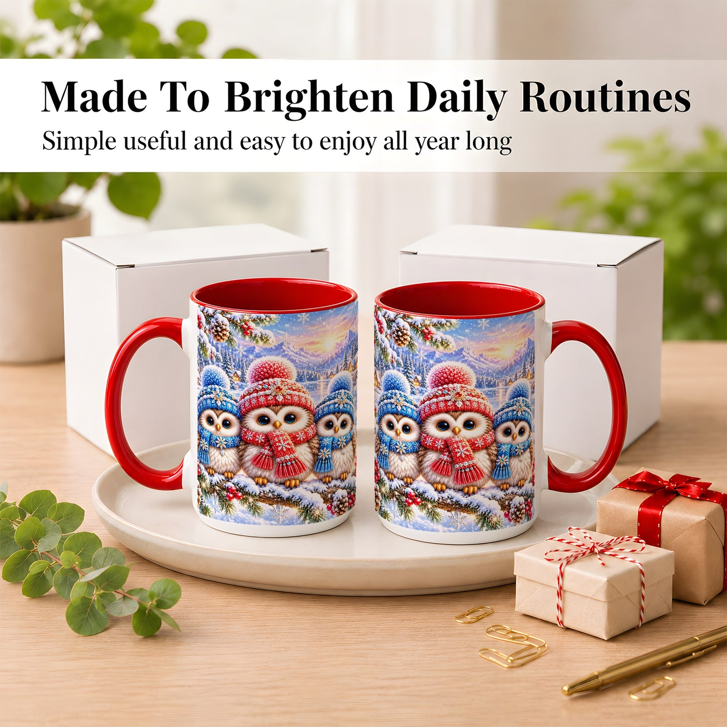#pl[15oz|Red] Winter Owl Trio Coffee Mug, Snowy Mountain Bird Mug, Ceramic Cup