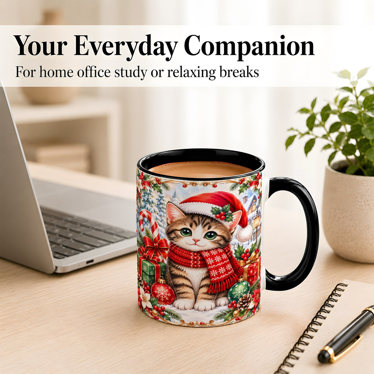 #pl[11oz|Black] Christmas Kitten Coffee Mug, Holiday Cat Mug, Ceramic Cup