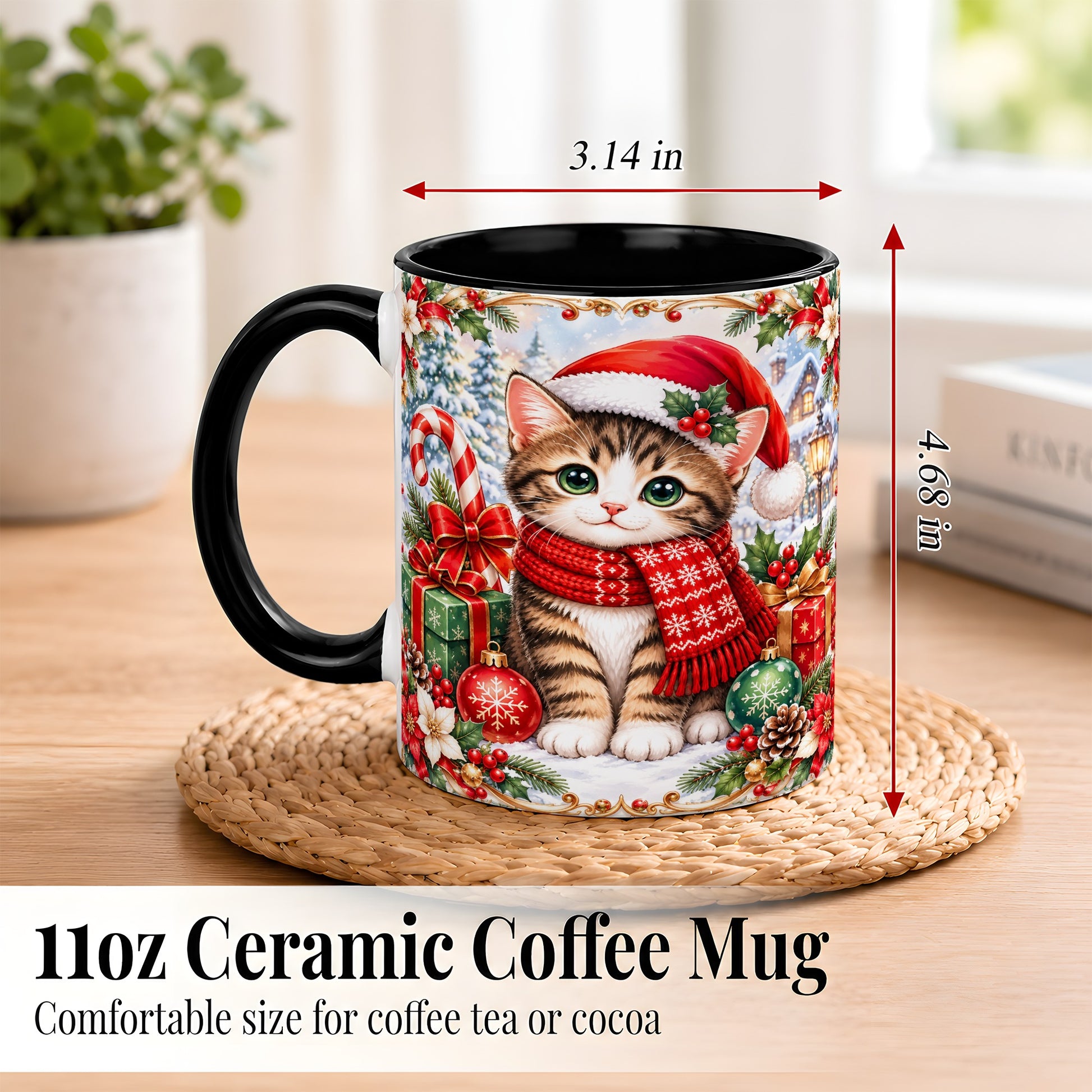 #pl[11oz|Black] Christmas Kitten Coffee Mug, Holiday Cat Mug, Ceramic Cup