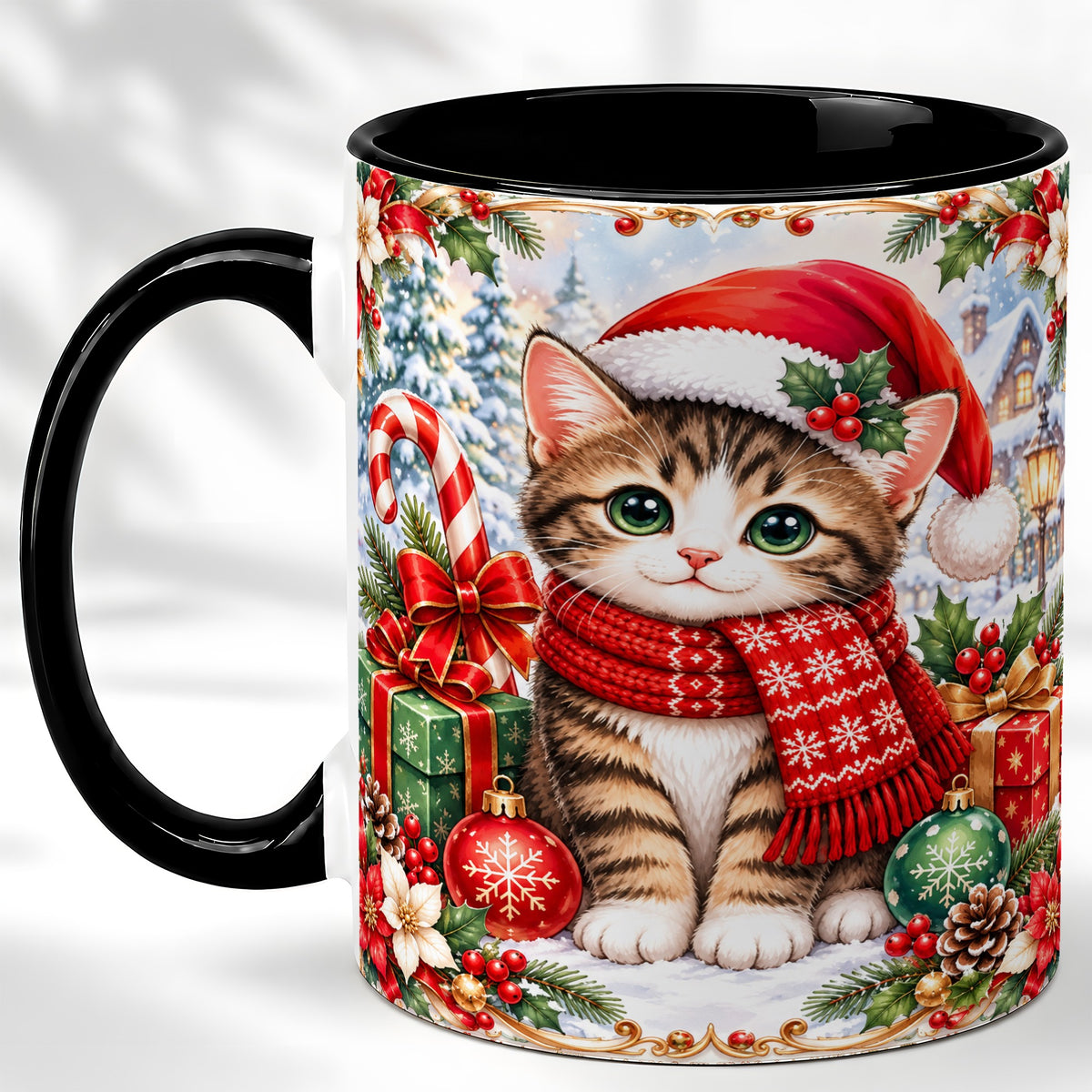#pl[11oz|Black] Christmas Kitten Coffee Mug, Holiday Cat Mug, Ceramic Cup
