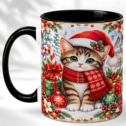 #pl[11oz|Black] Christmas Kitten Coffee Mug, Holiday Cat Mug, Ceramic Cup