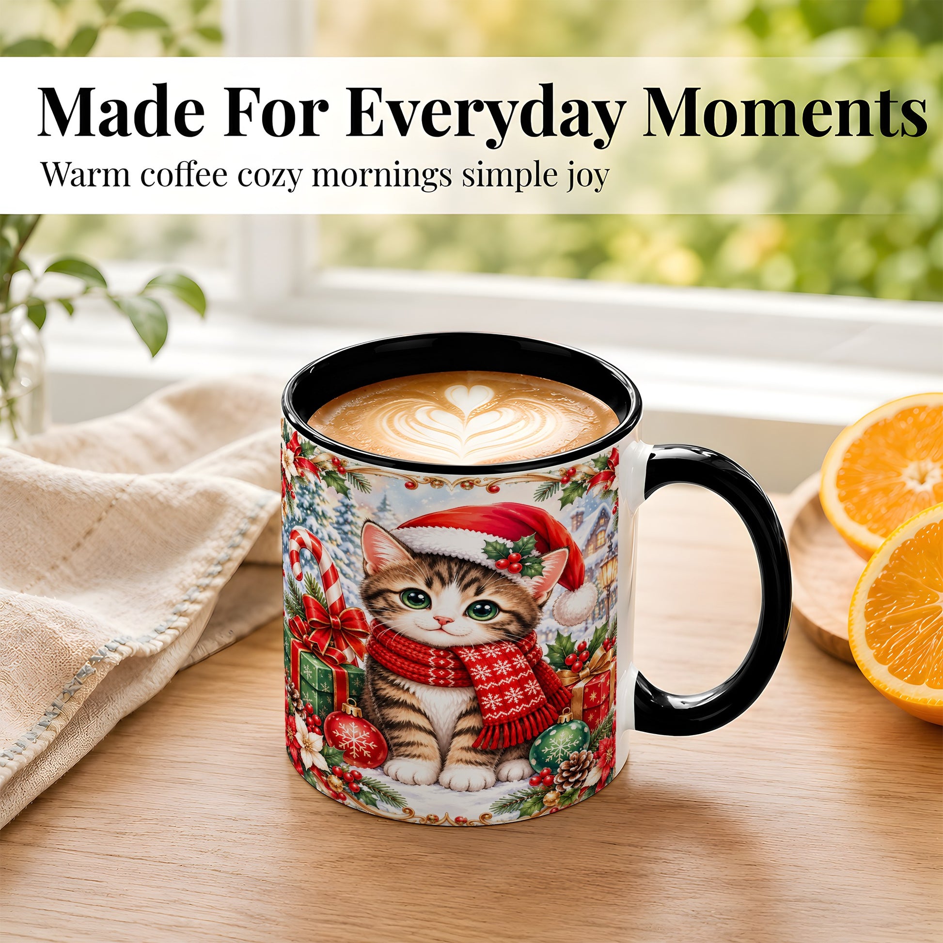 #pl[11oz|Black] Christmas Kitten Coffee Mug, Holiday Cat Mug, Ceramic Cup