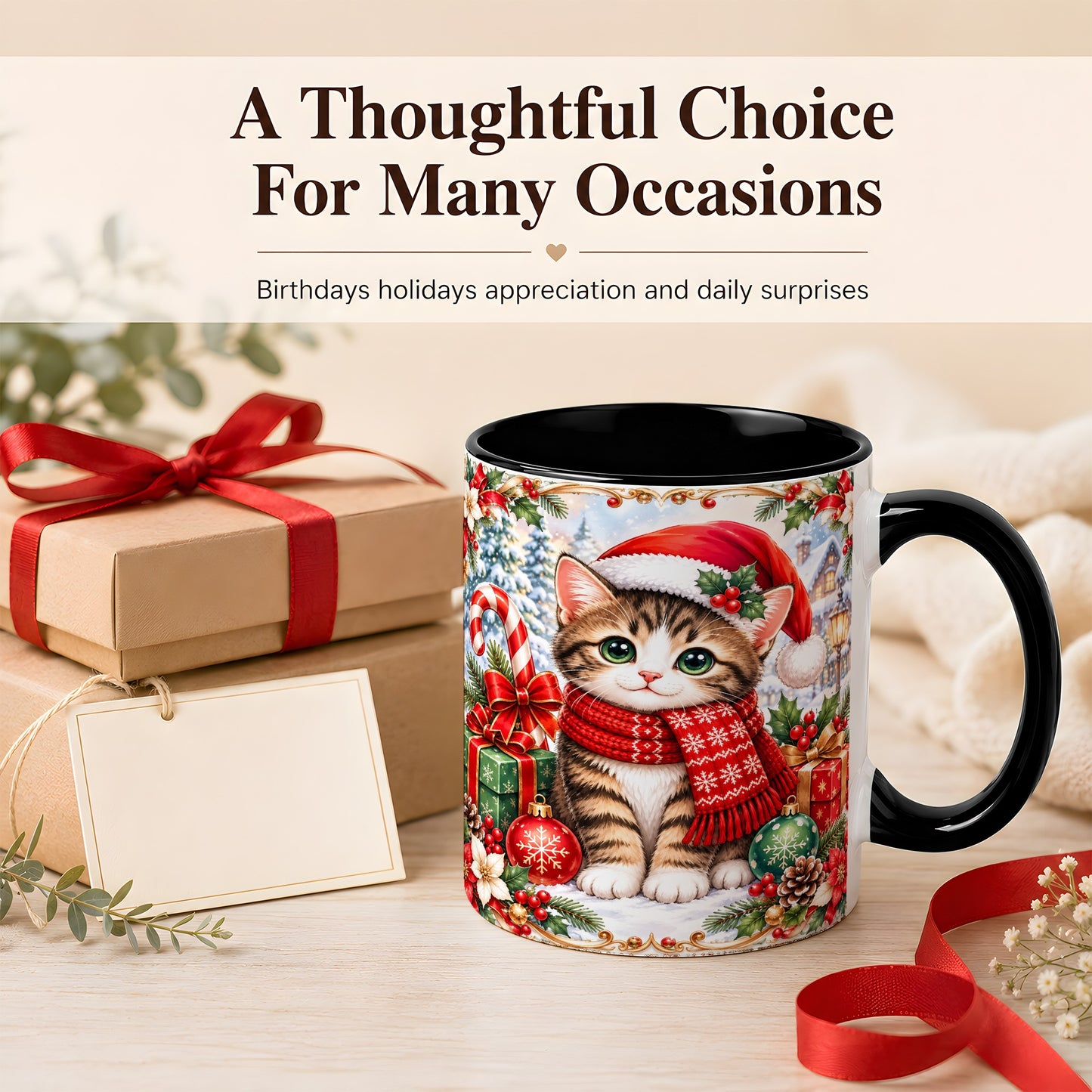 #pl[11oz|Black] Christmas Kitten Coffee Mug, Holiday Cat Mug, Ceramic Cup